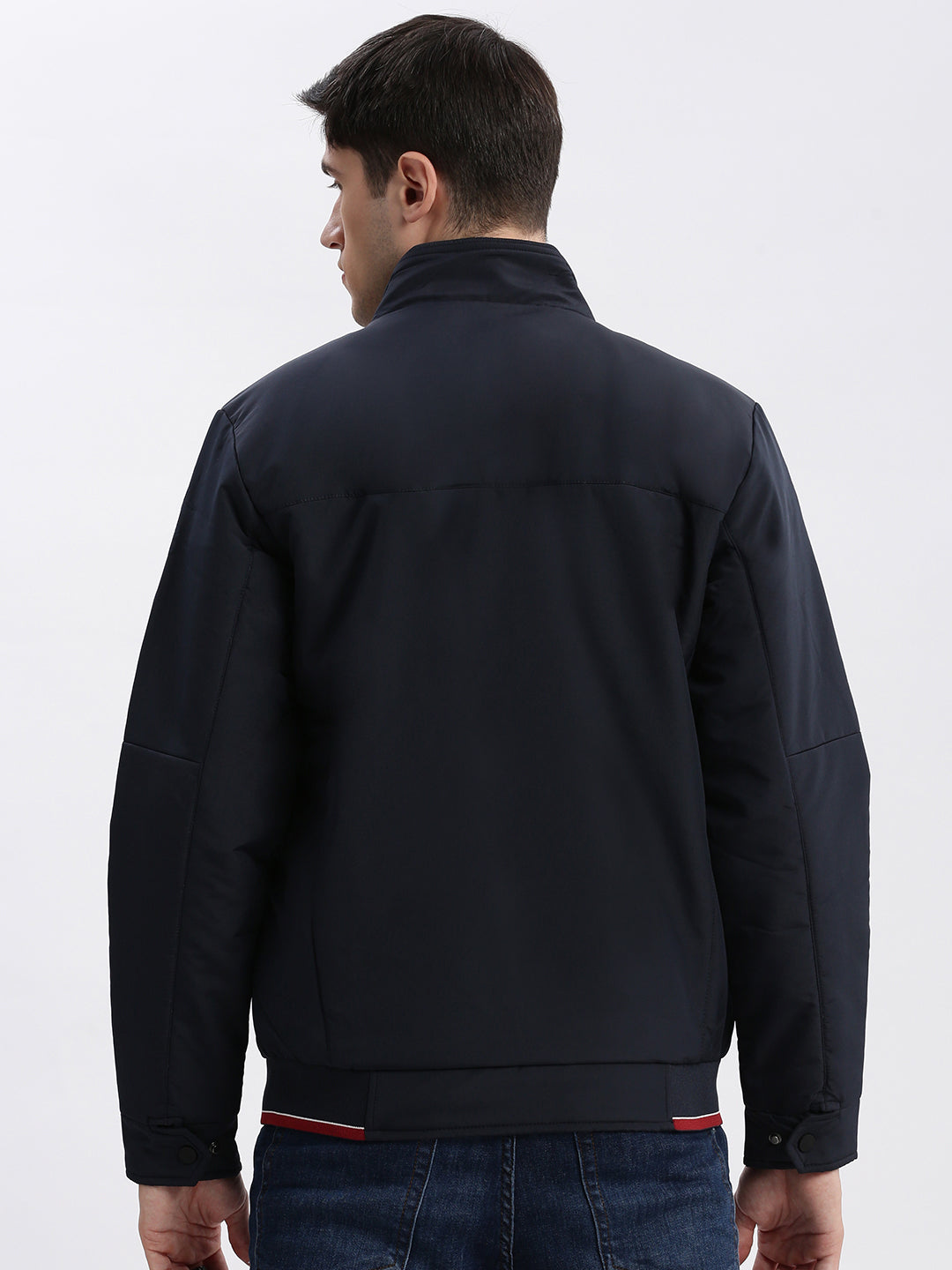 Men Solid Mock Collar Navy Blue Bomber Jacket