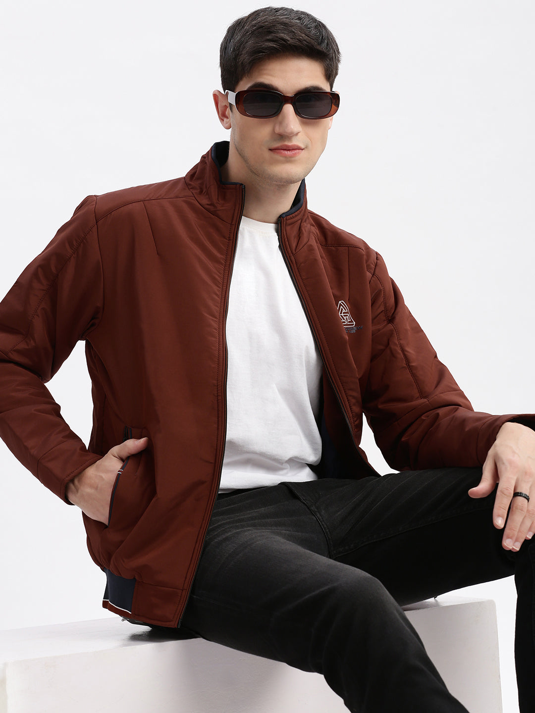 Men Solid Mock Collar Rust Bomber Jacket