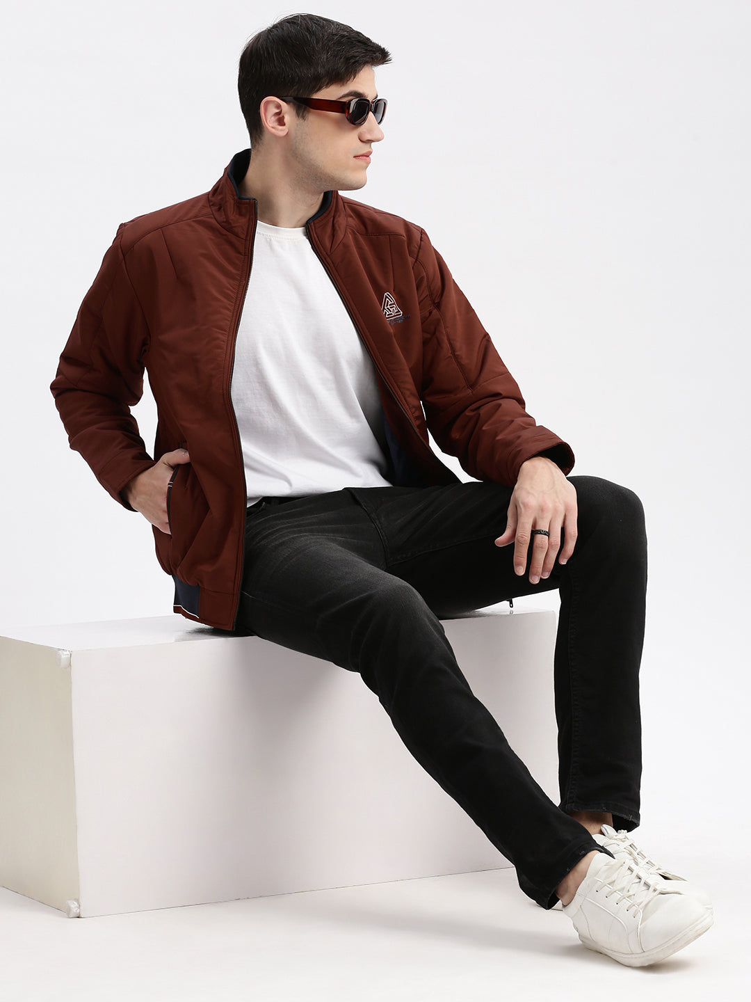 Men Solid Mock Collar Rust Bomber Jacket