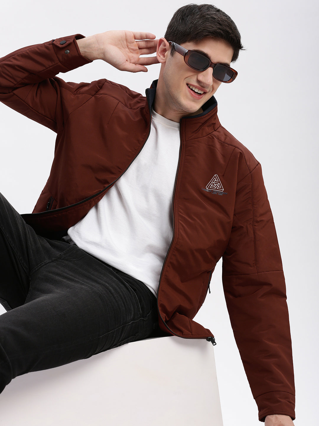 Men Solid Mock Collar Rust Bomber Jacket