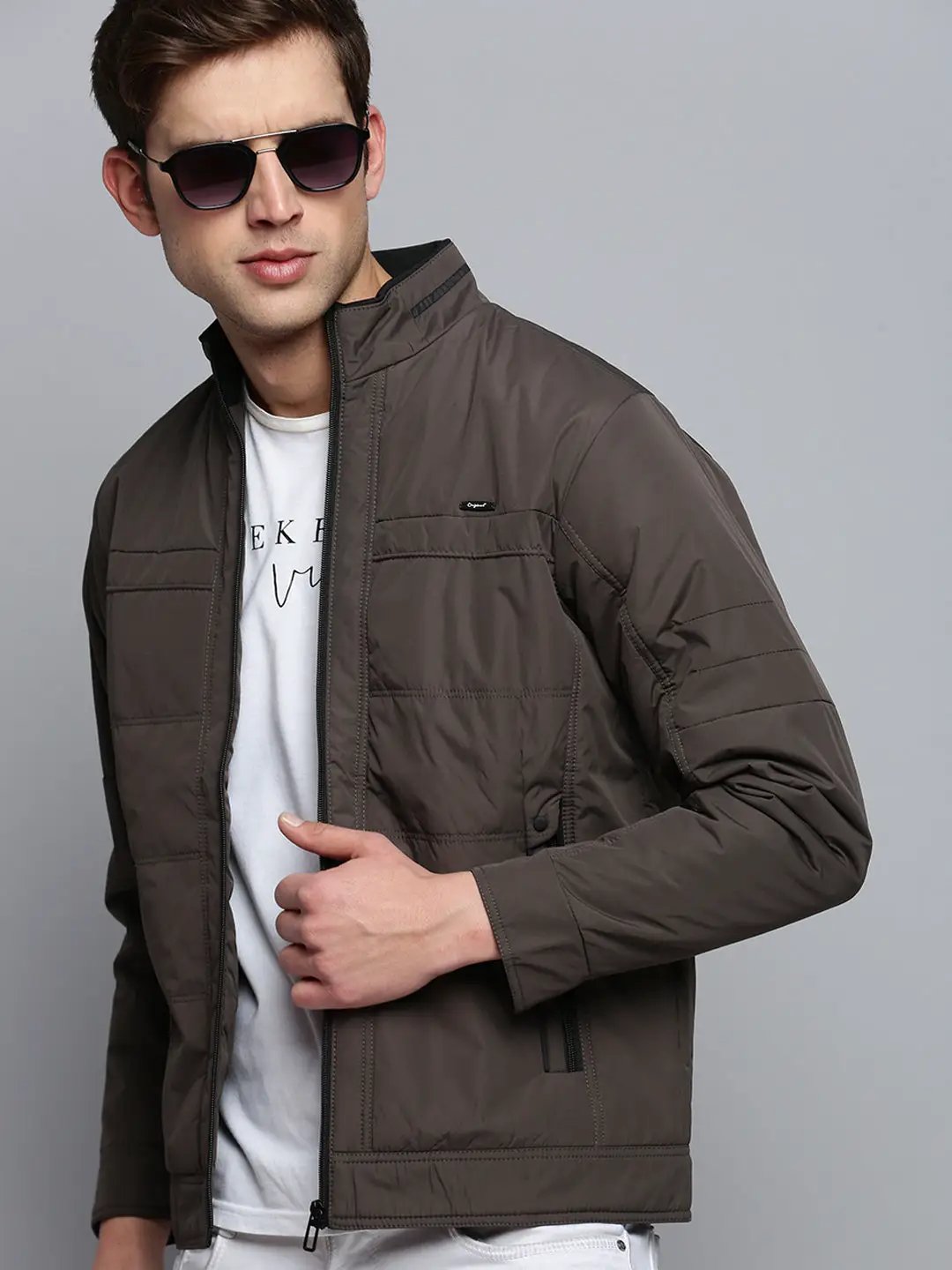 Men's Mock Collar Solid Grey Quilted Jacket