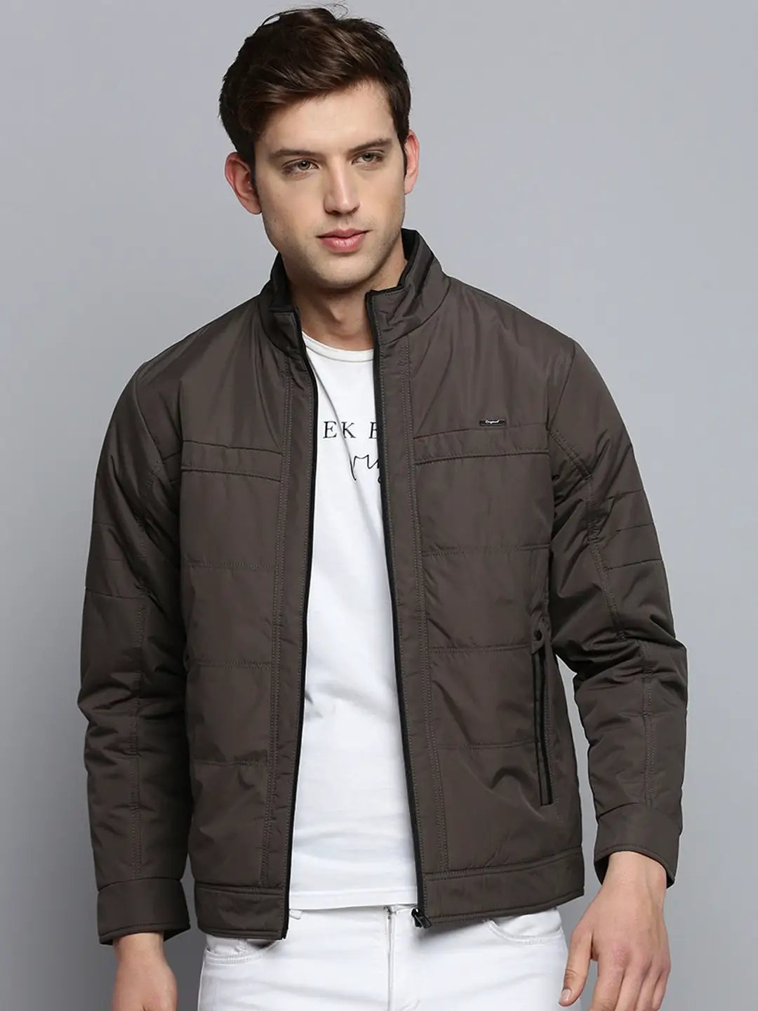 Men's Mock Collar Solid Grey Quilted Jacket