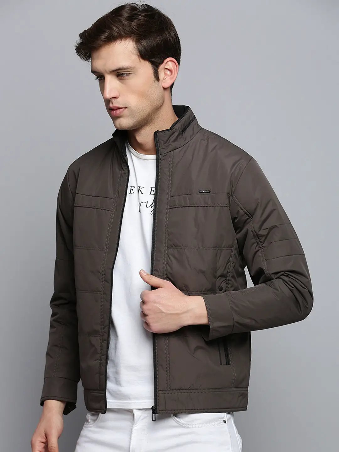 Men's Mock Collar Solid Grey Quilted Jacket