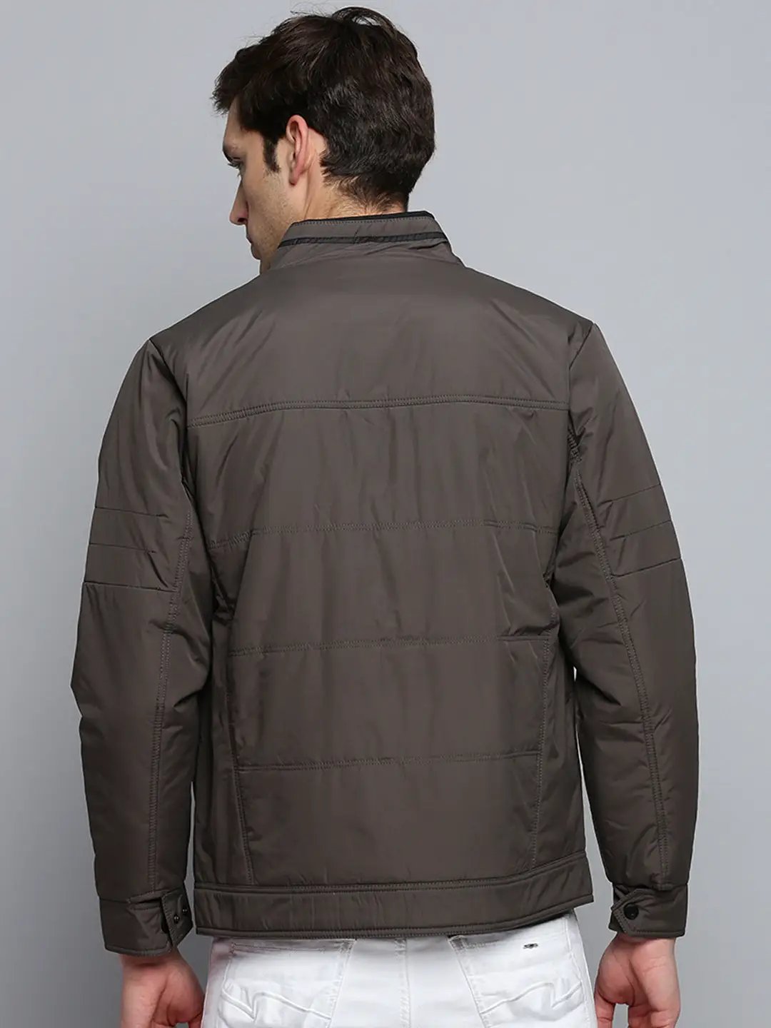 Men's Mock Collar Solid Grey Quilted Jacket