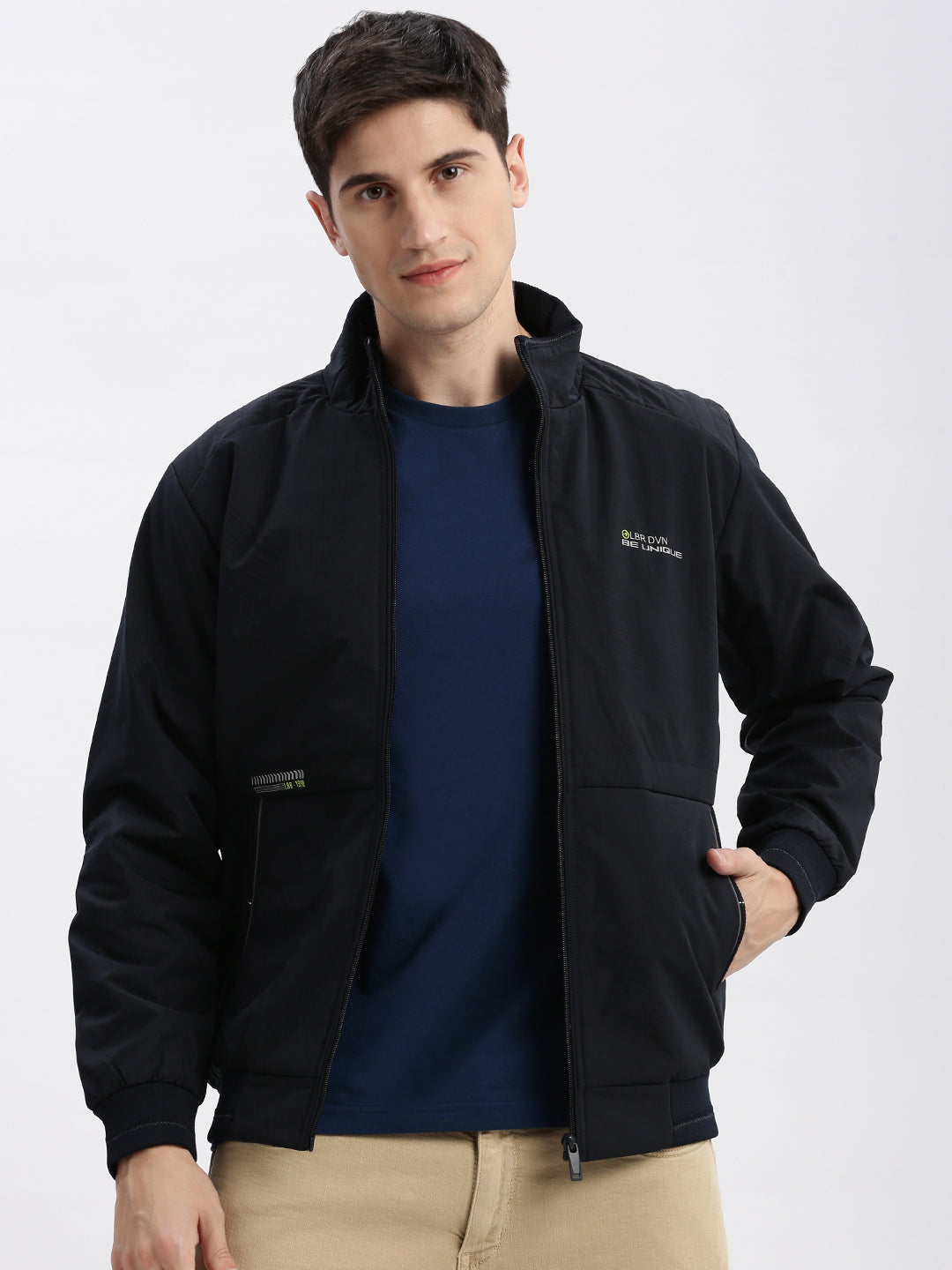 Men Abstract Mock Collar Navy Blue Bomber Jacket