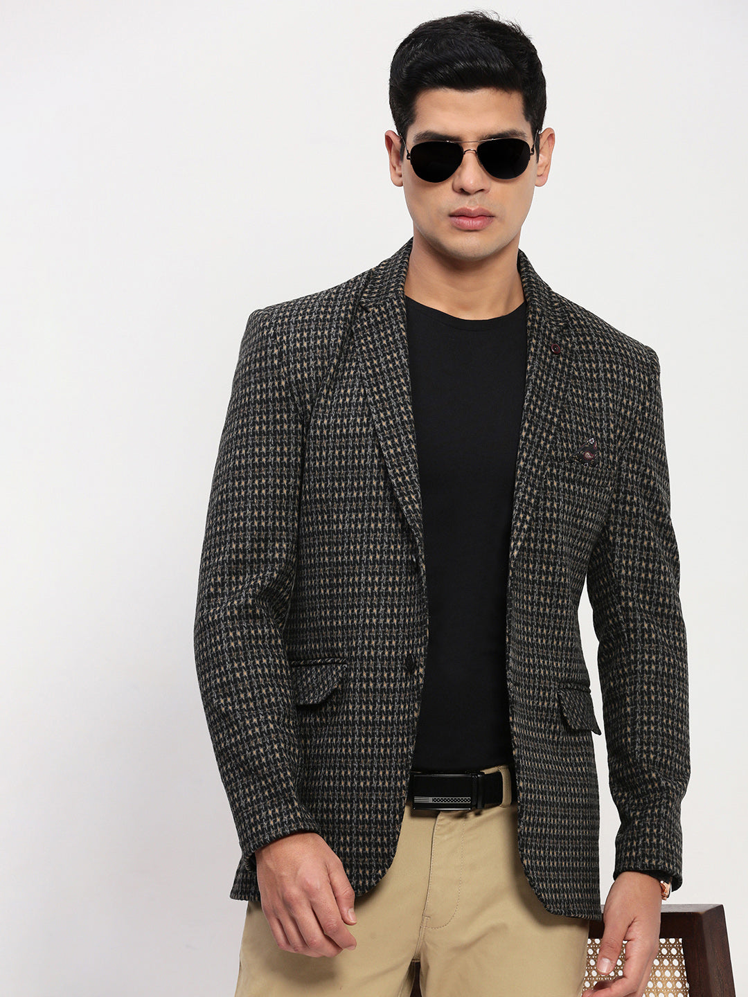 Men Black Checked Single Breasted Blazer