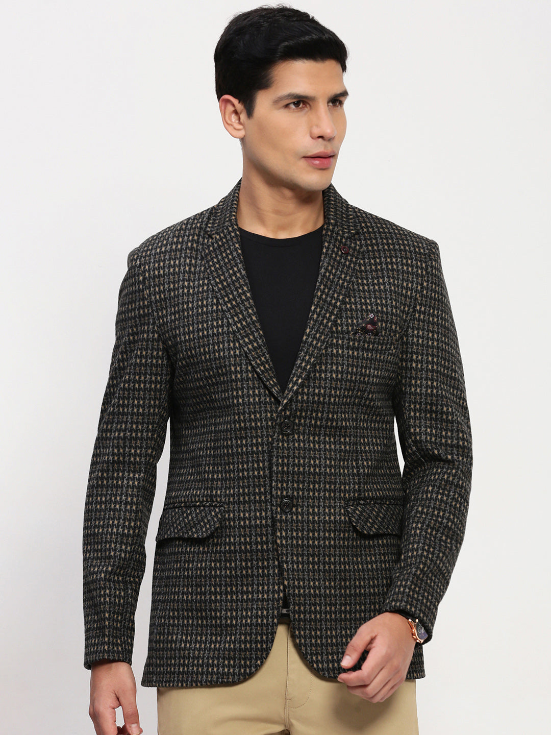 Men Black Checked Single Breasted Blazer