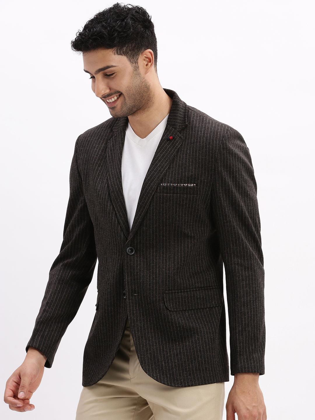 Men Striped Charcoal Single Breasted Blazer