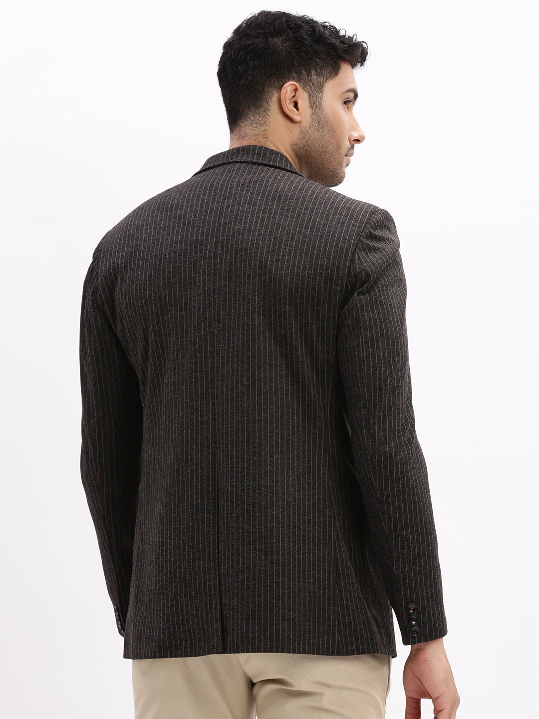 Men Striped Charcoal Single Breasted Blazer