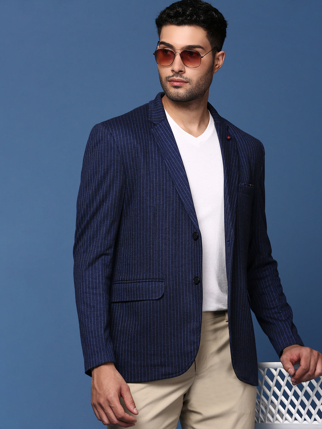 Men Navy Blue Slim Fit Single Breasted Blazer