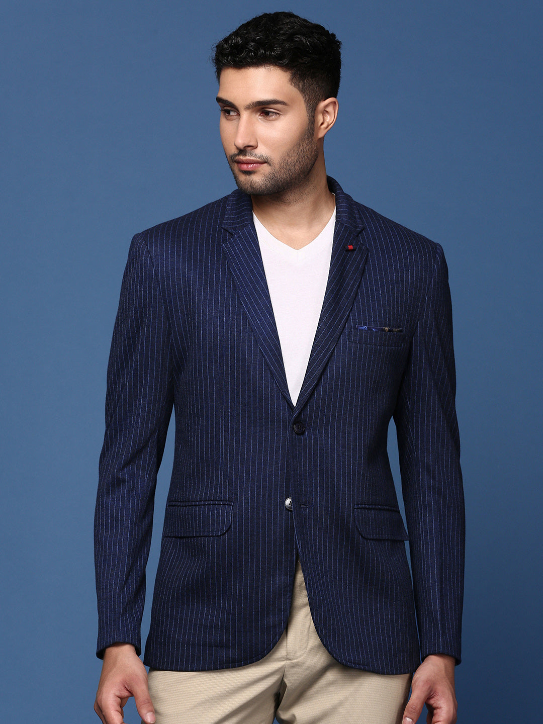 Men Navy Blue Slim Fit Single Breasted Blazer