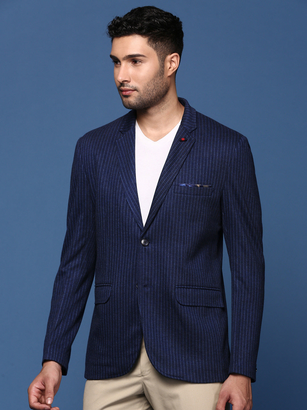 Men Navy Blue Slim Fit Single Breasted Blazer