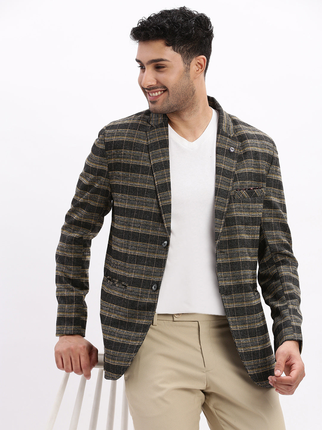 Men Checked Black Single Breasted Blazer