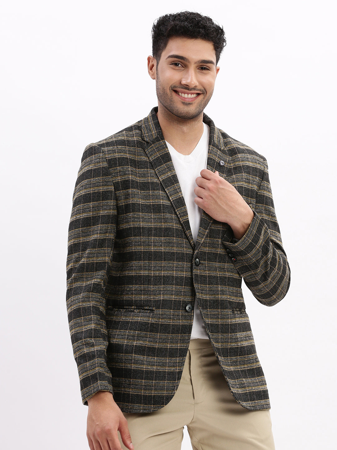 Men Checked Black Single Breasted Blazer