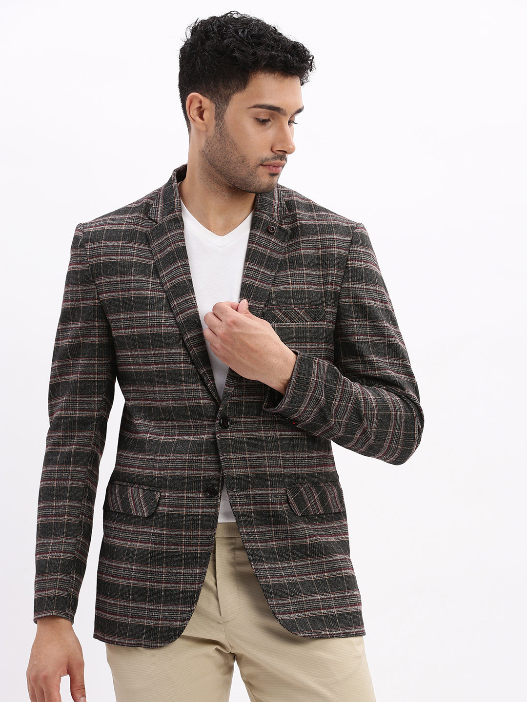 Men Checked Grey Single Breasted Blazer