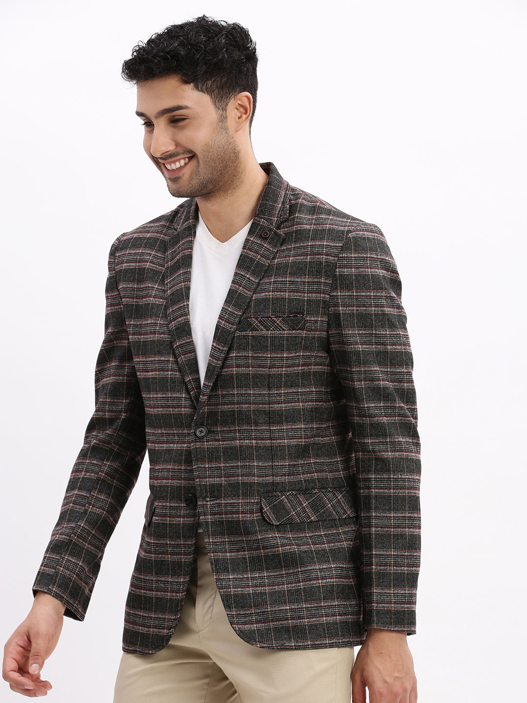 Men Checked Grey Single Breasted Blazer