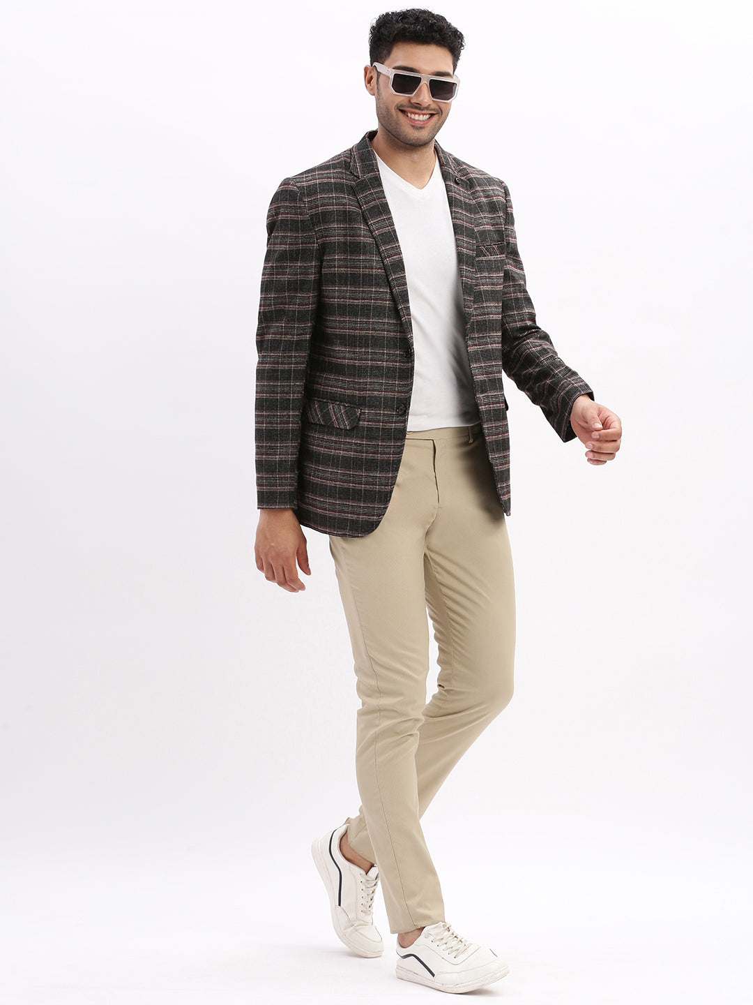 Men Checked Grey Single Breasted Blazer