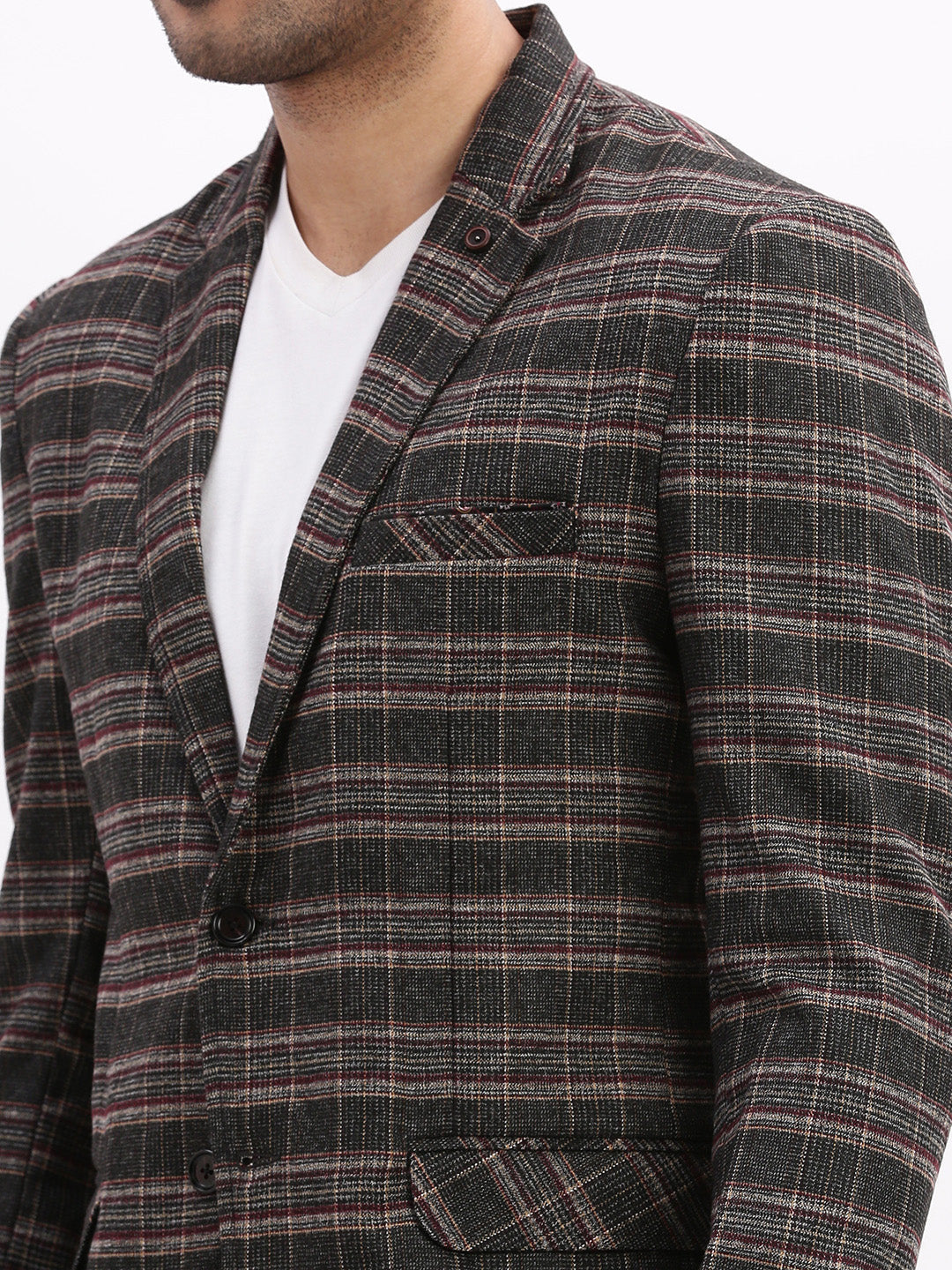 Men Checked Grey Single Breasted Blazer