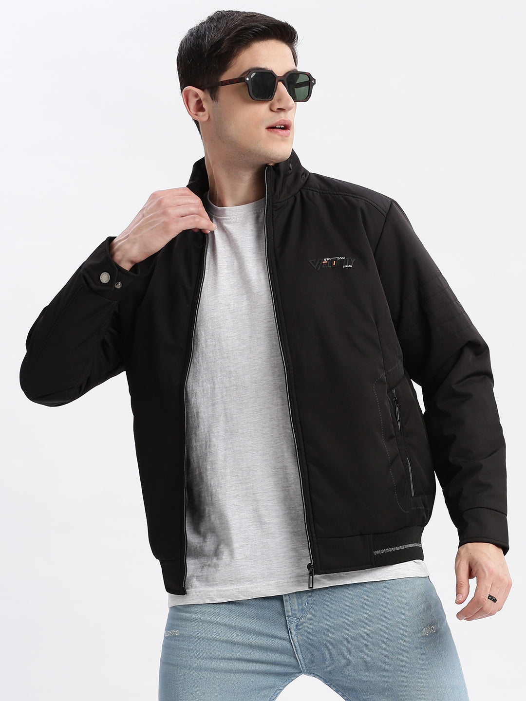 Men Solid Mock Collar Black Bomber Jacket