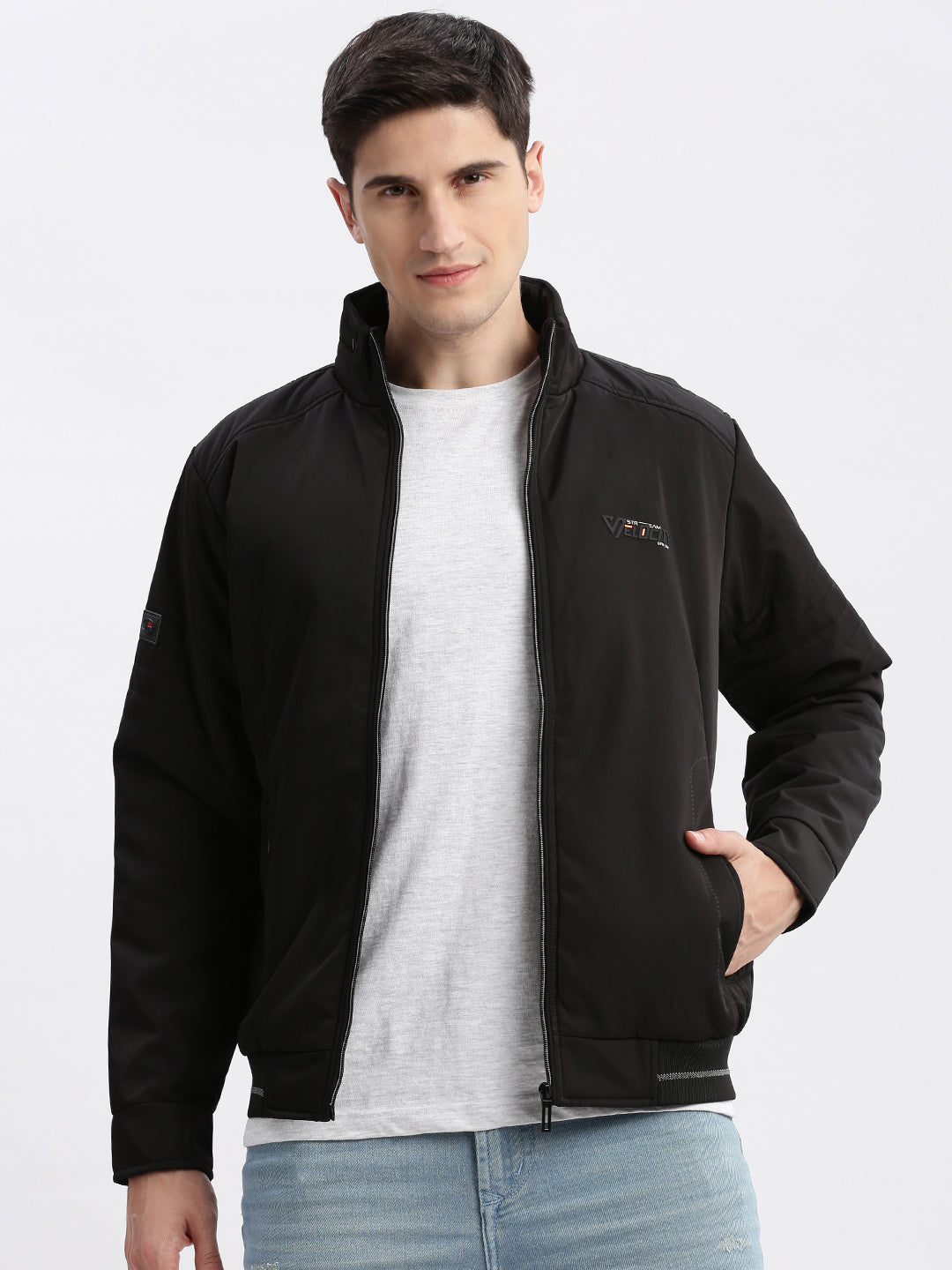 Men Solid Mock Collar Black Bomber Jacket