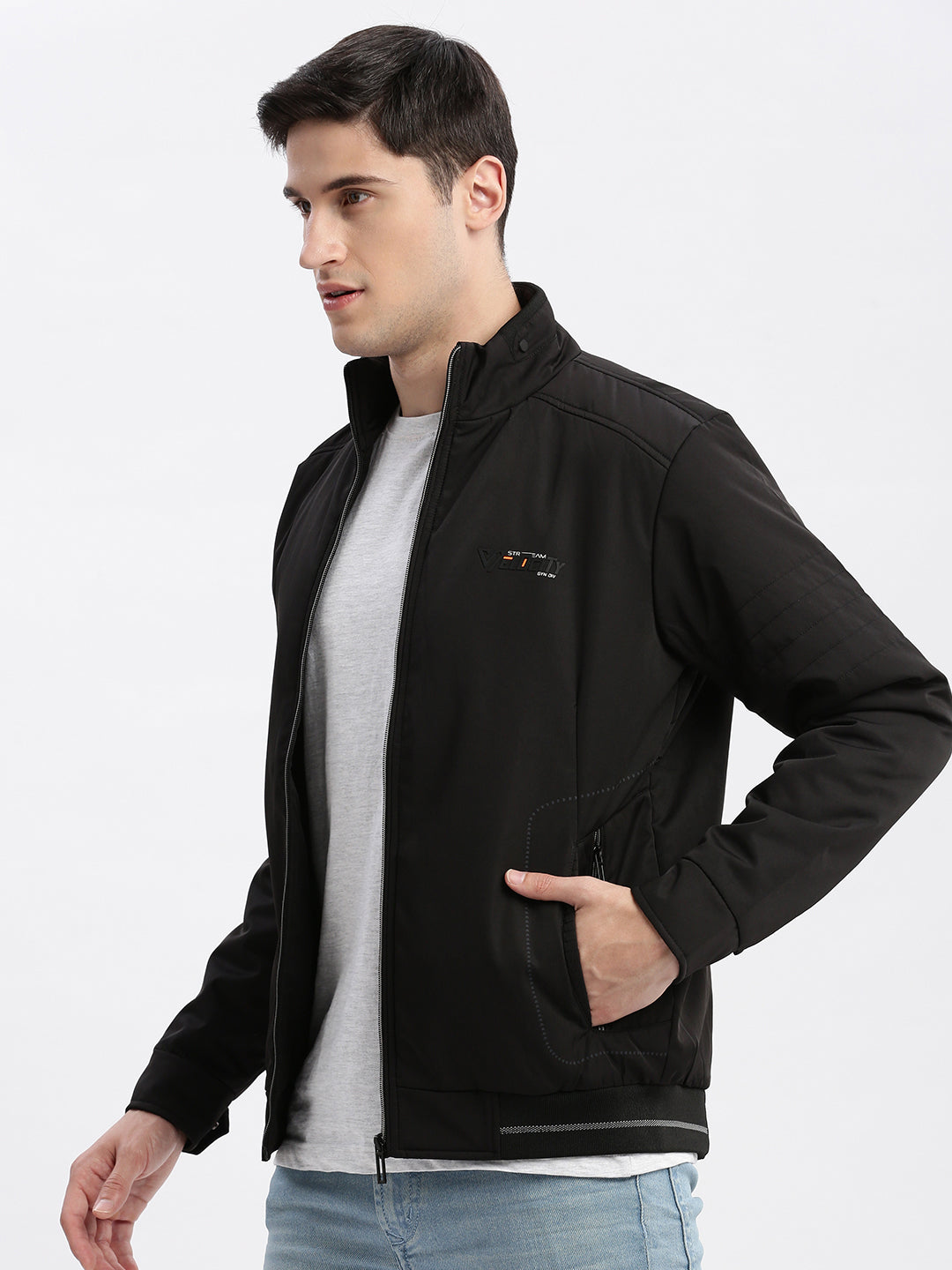 Men Solid Mock Collar Black Bomber Jacket