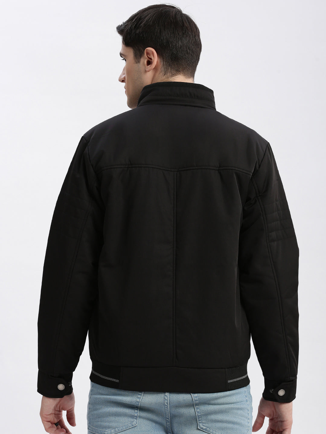 Men Solid Mock Collar Black Bomber Jacket