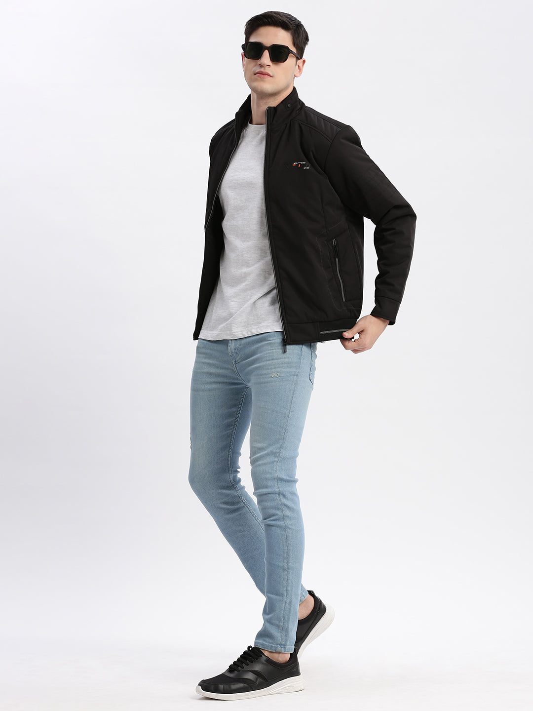 Men Solid Mock Collar Black Bomber Jacket