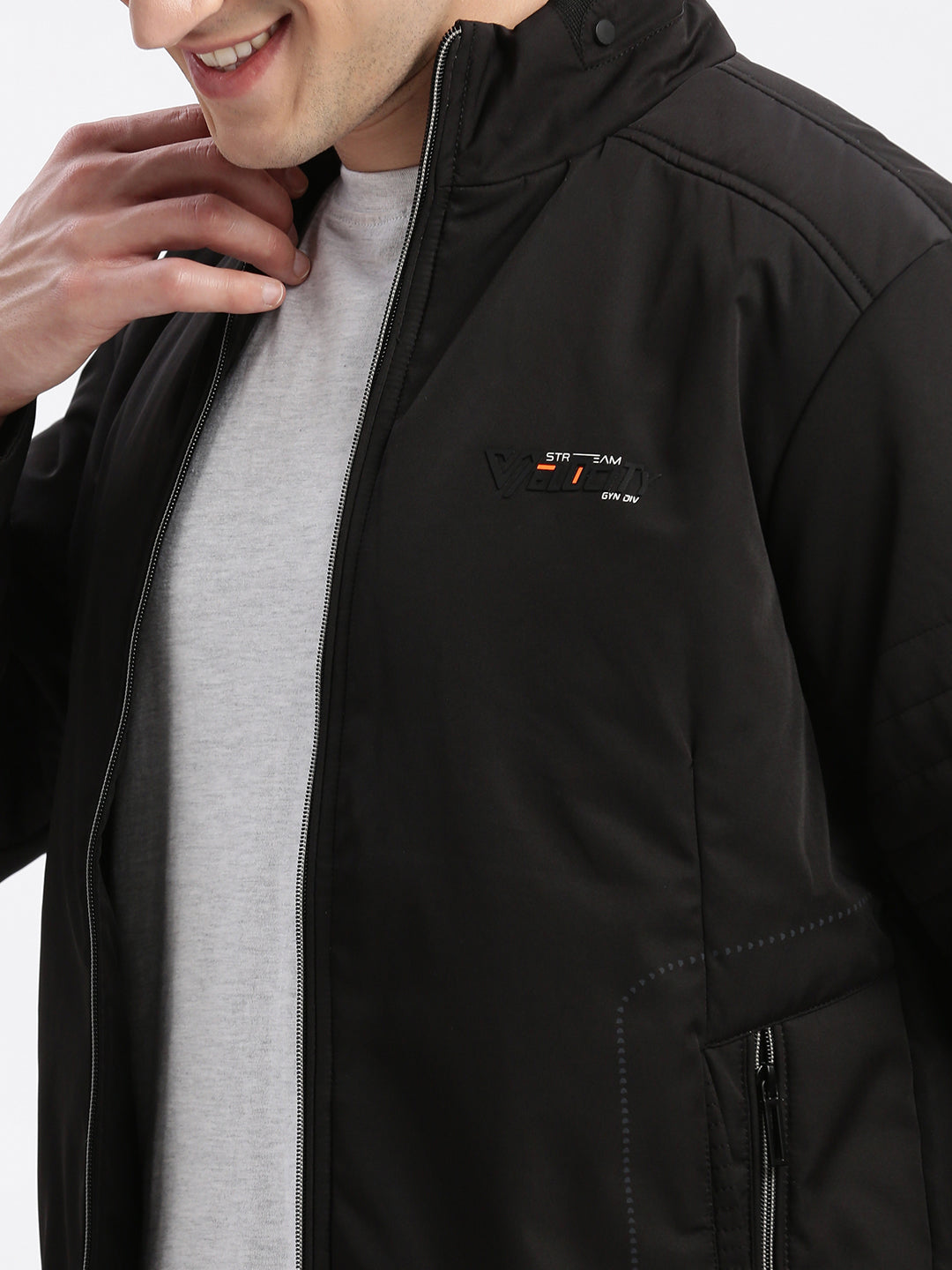 Men Solid Mock Collar Black Bomber Jacket