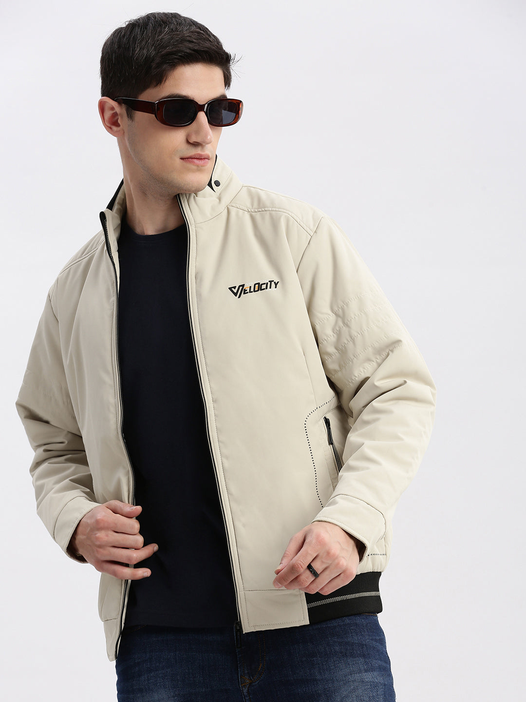 Men Solid Mock Collar Cream Bomber Jacket