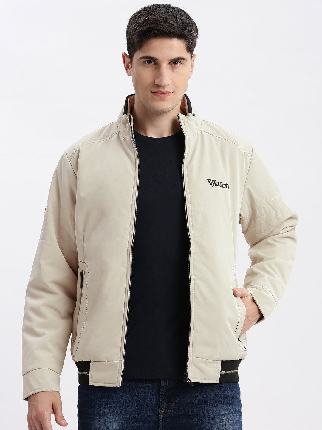 Men Solid Mock Collar Cream Bomber Jacket