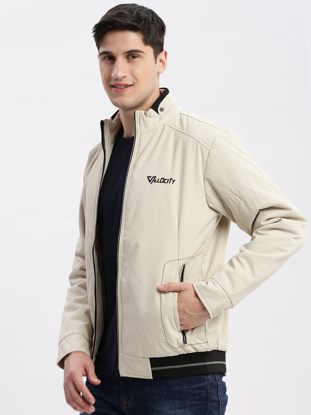 Men Solid Mock Collar Cream Bomber Jacket