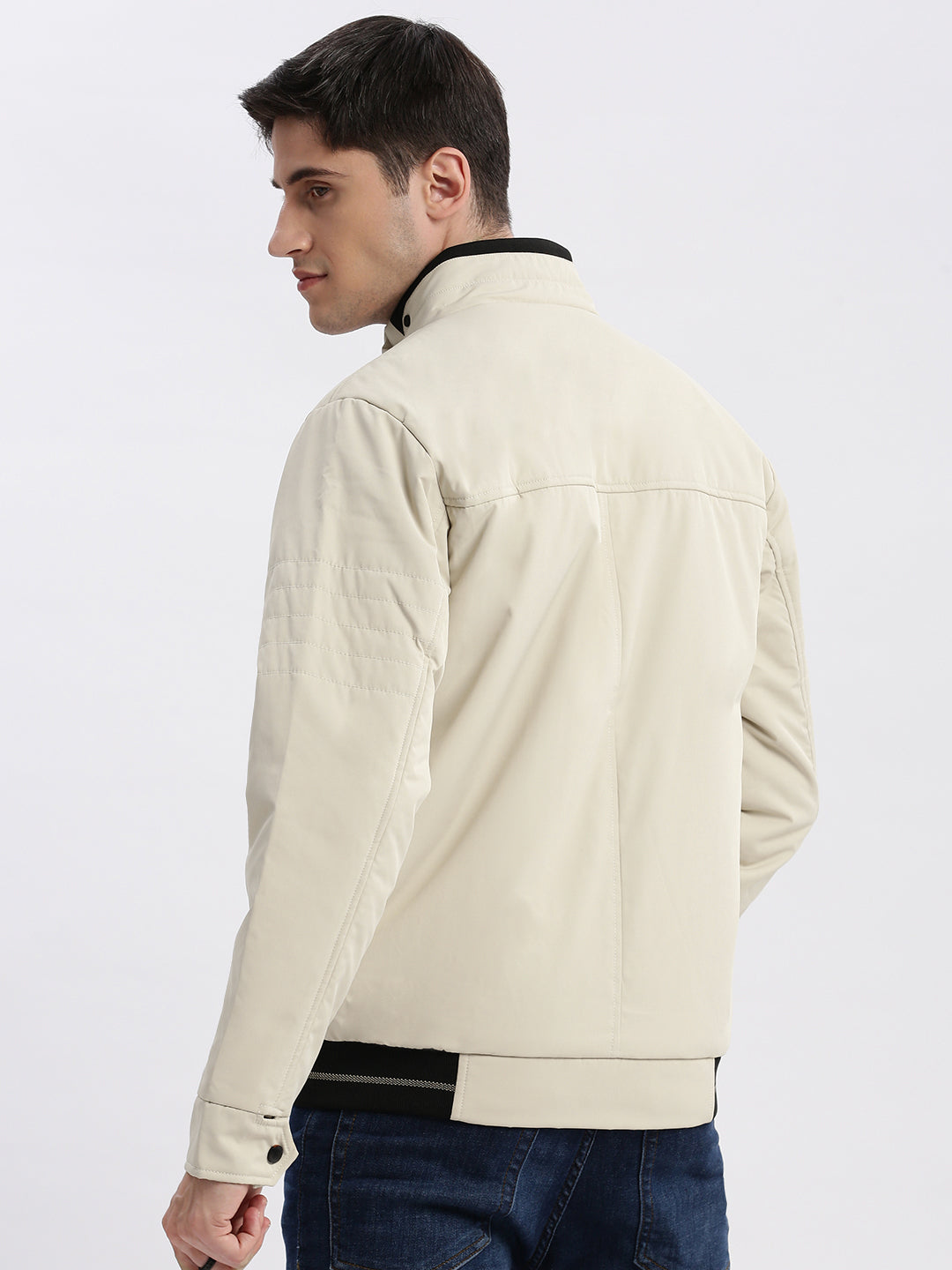 Men Solid Mock Collar Cream Bomber Jacket