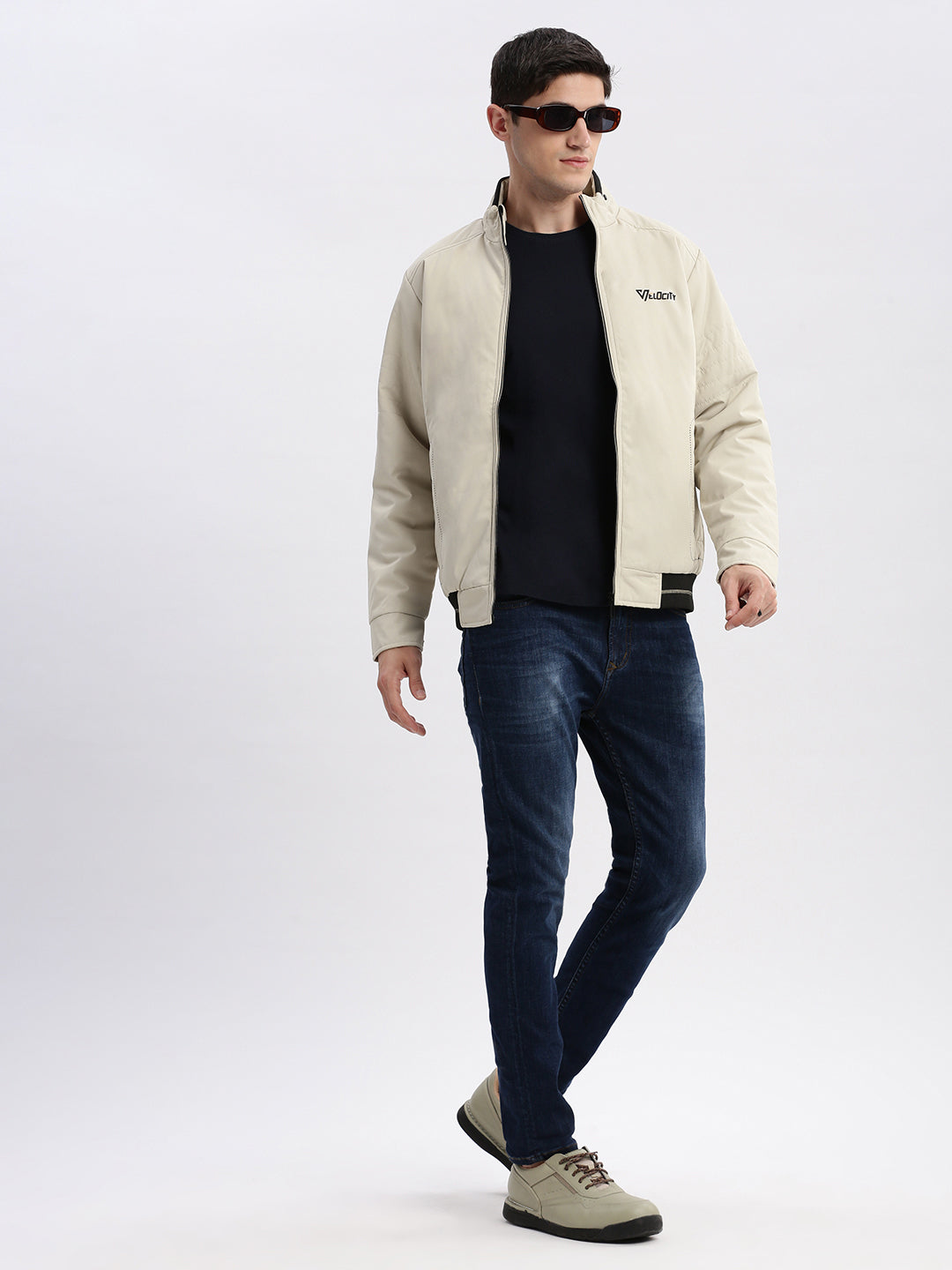 Men Solid Mock Collar Cream Bomber Jacket