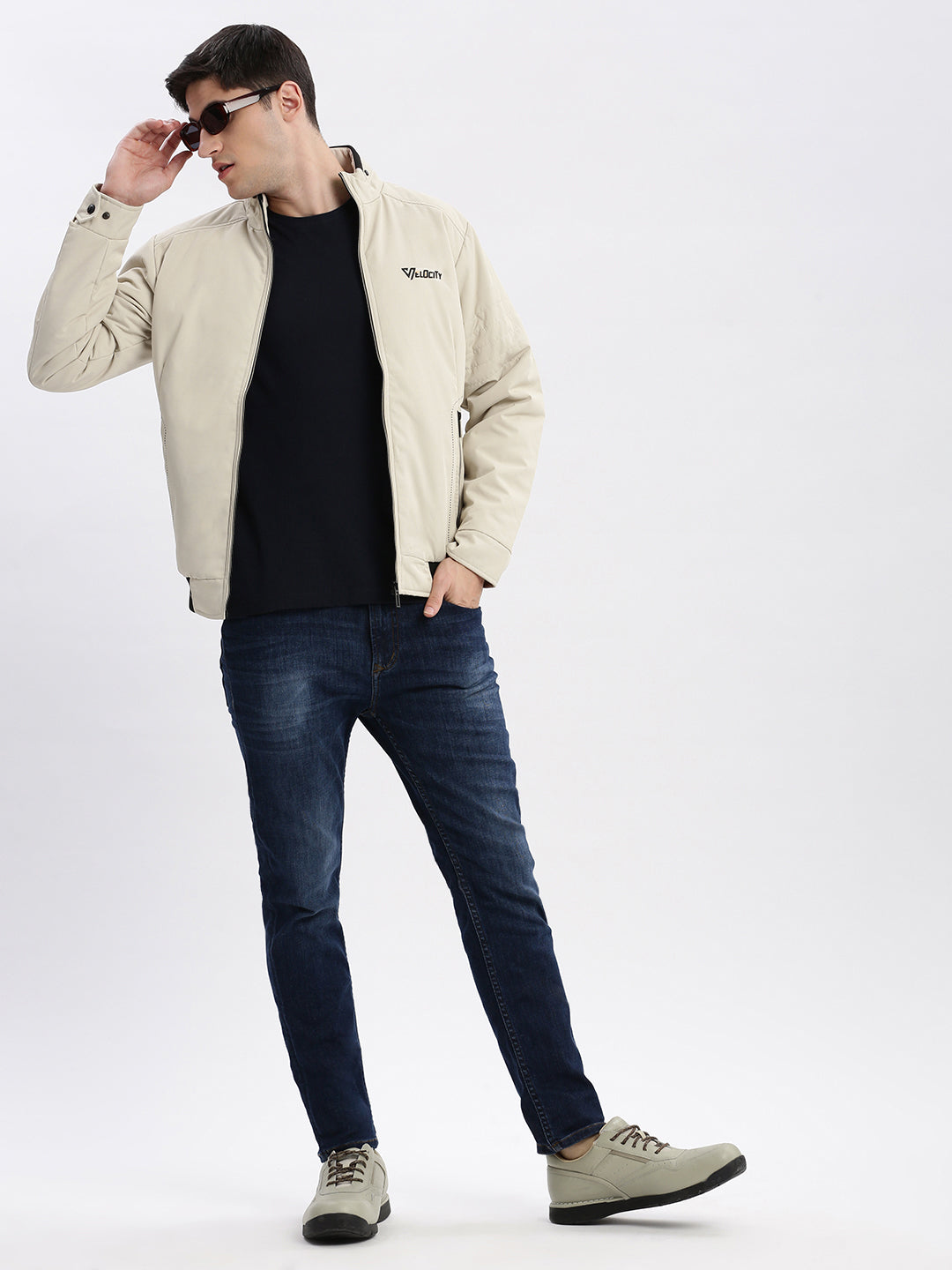 Men Solid Mock Collar Cream Bomber Jacket