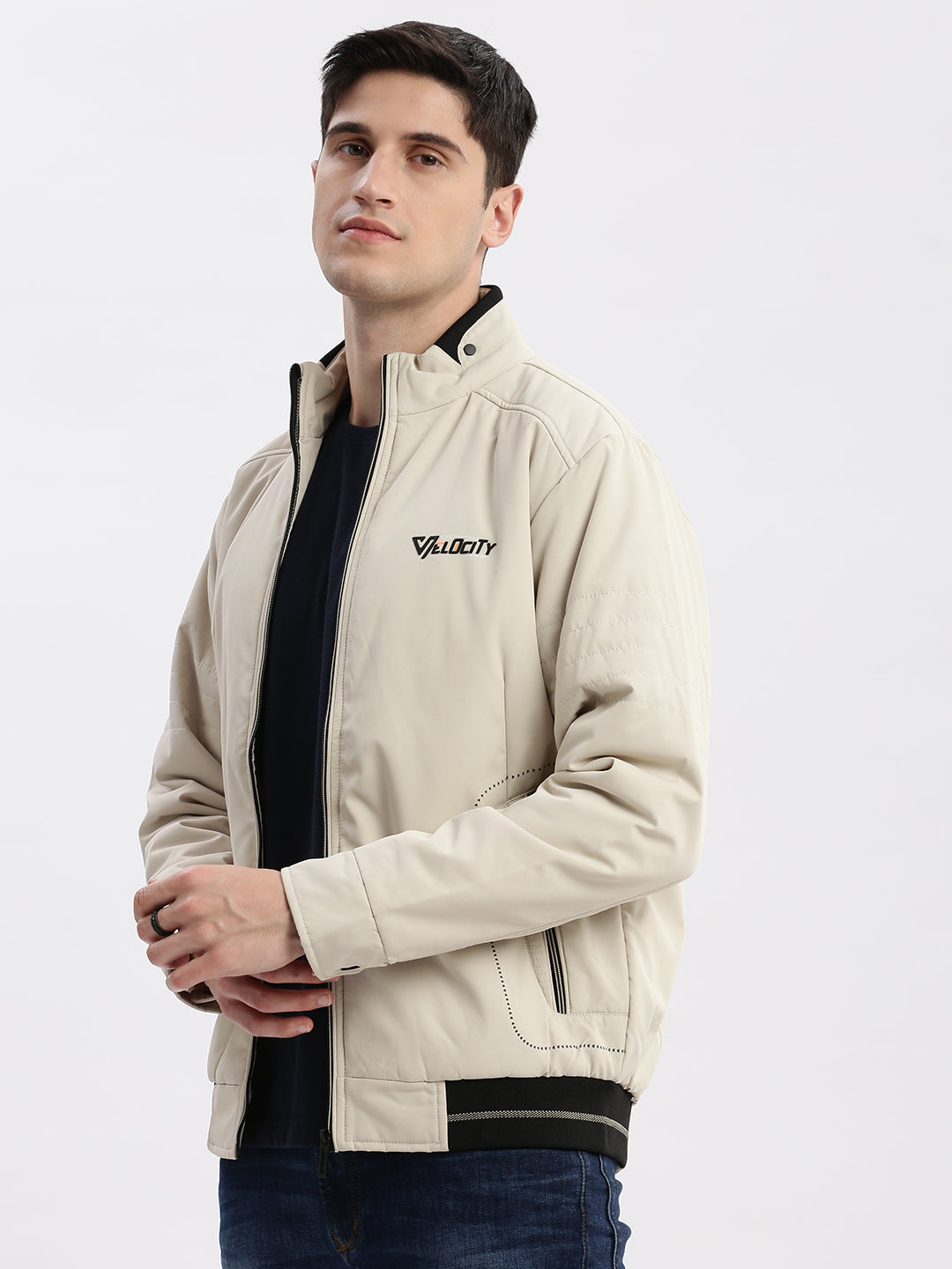 Men Solid Mock Collar Cream Bomber Jacket