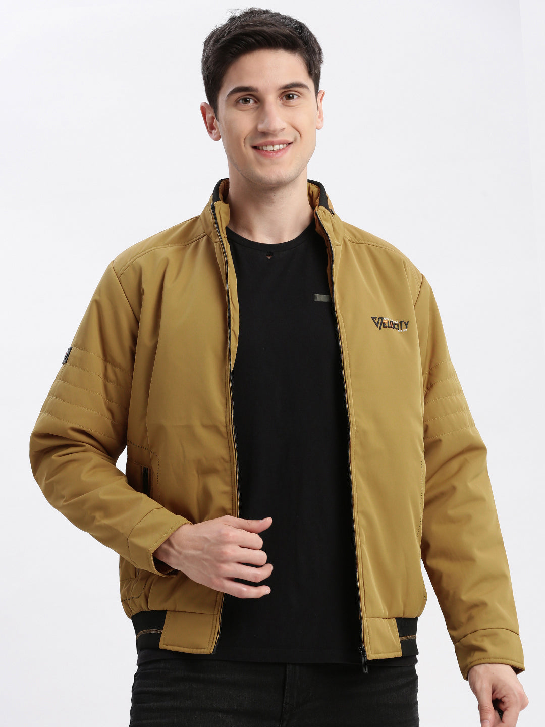 Men Solid Mock Collar Mustard Bomber Jacket