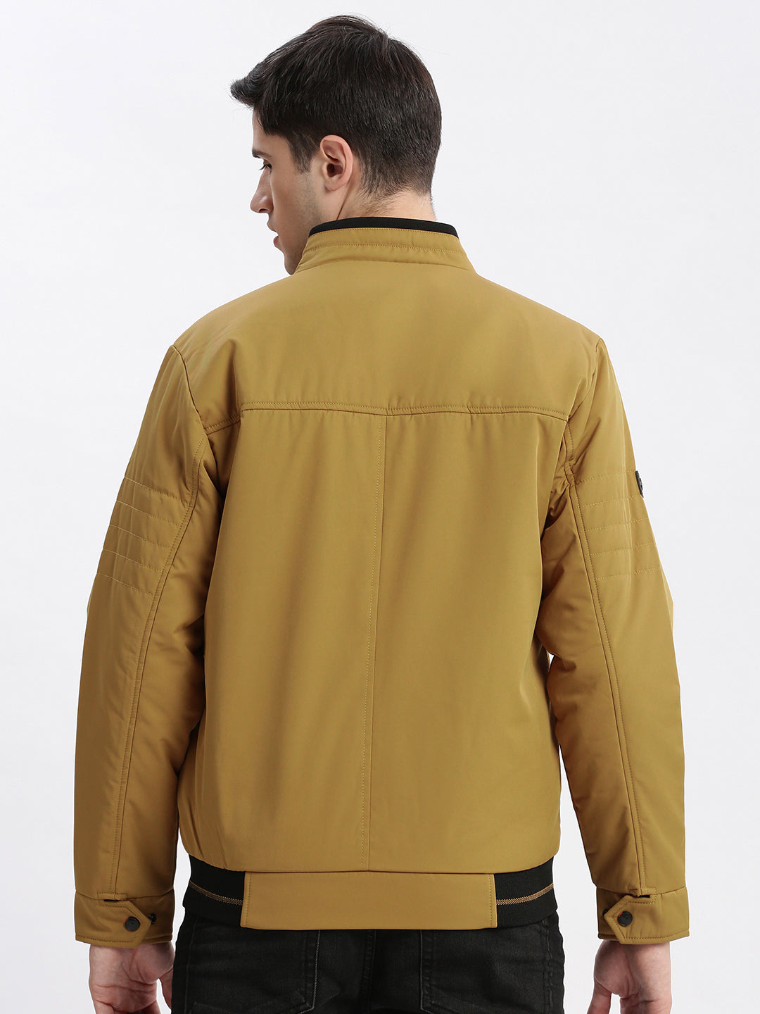 Men Solid Mock Collar Mustard Bomber Jacket