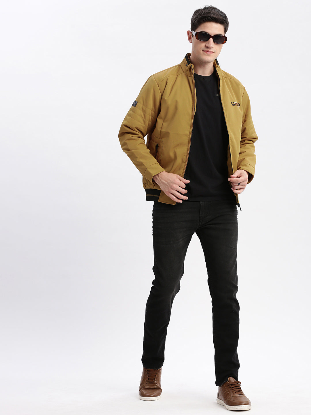 Men Solid Mock Collar Mustard Bomber Jacket