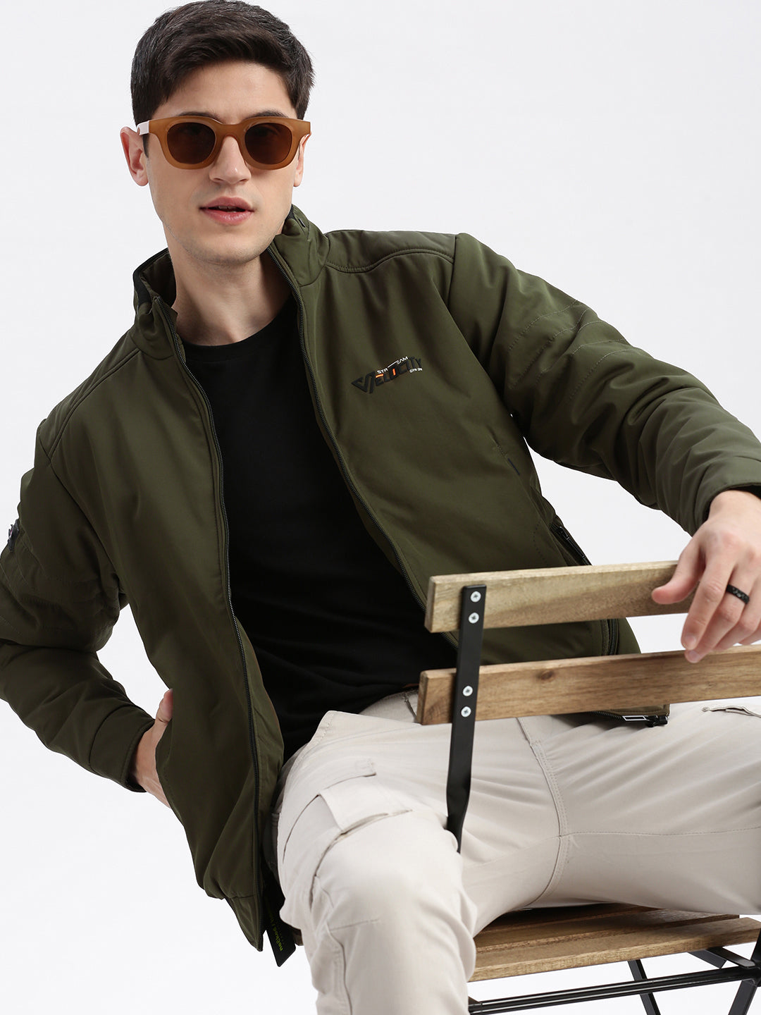 Men Solid Mock Collar Olive Bomber Jacket