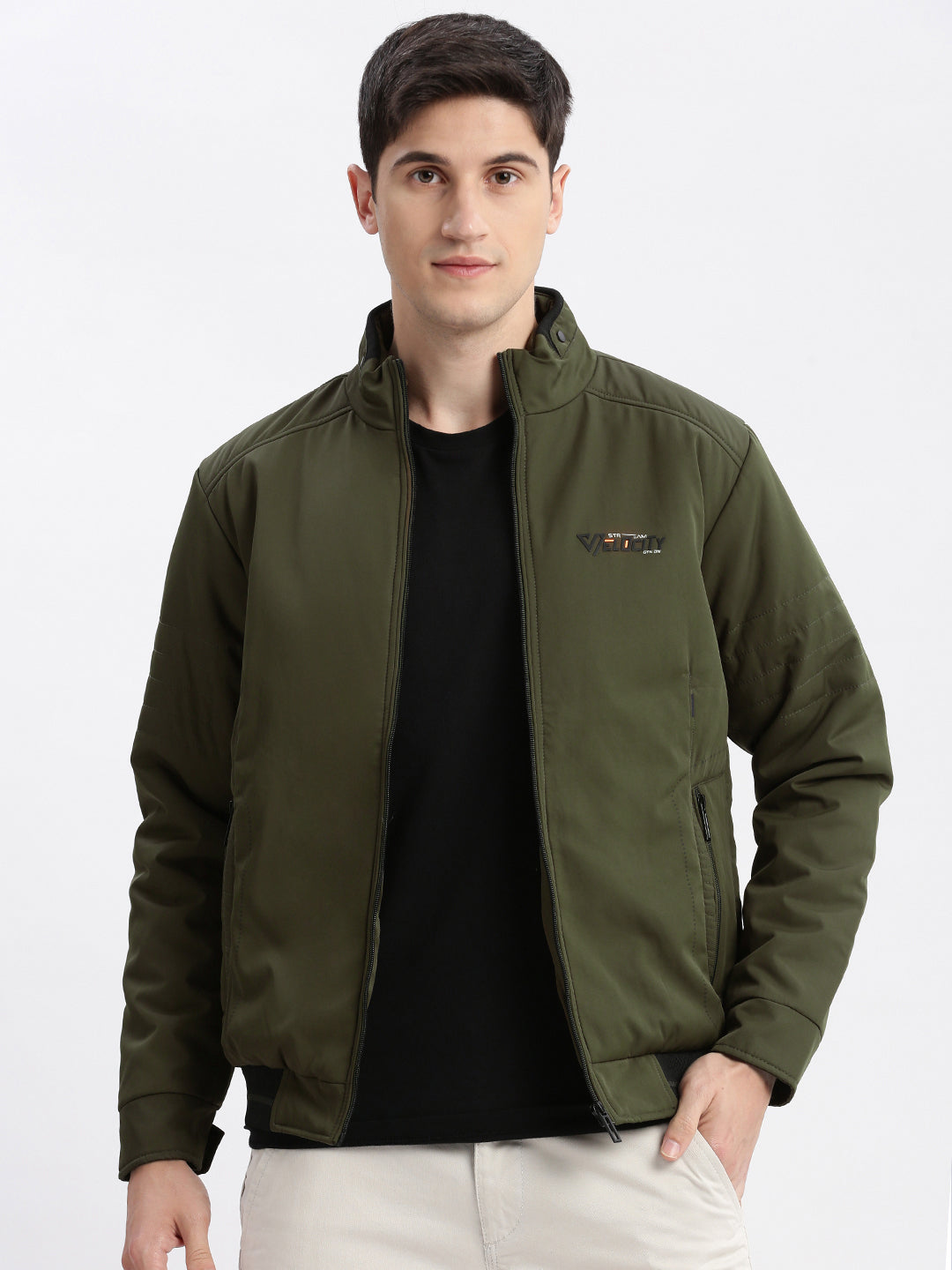 Men Solid Mock Collar Olive Bomber Jacket