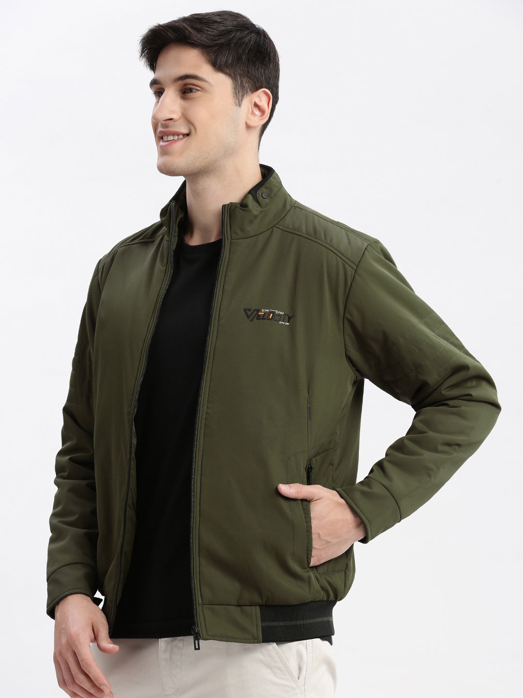 Men Solid Mock Collar Olive Bomber Jacket