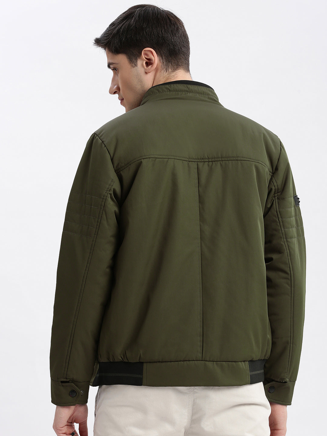 Men Solid Mock Collar Olive Bomber Jacket