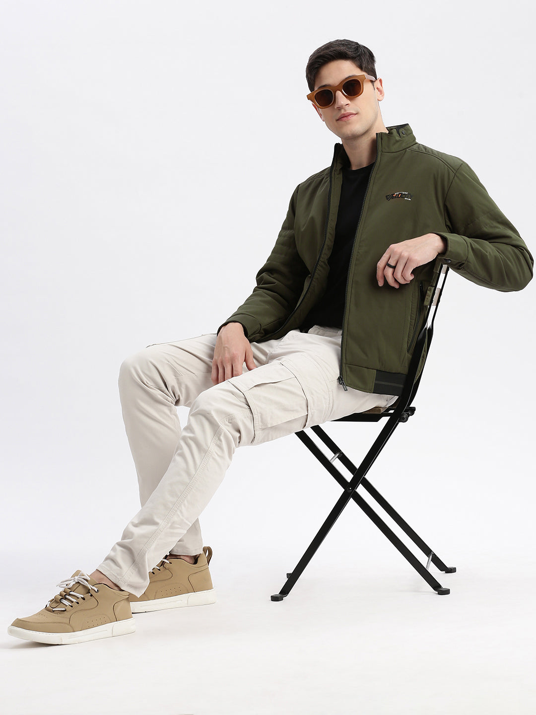 Men Solid Mock Collar Olive Bomber Jacket