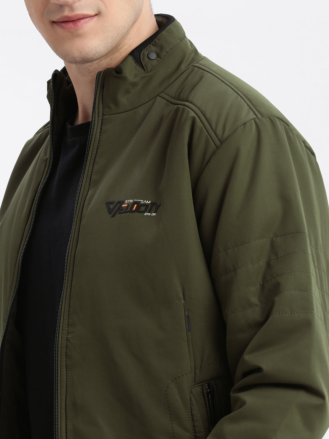 Men Solid Mock Collar Olive Bomber Jacket