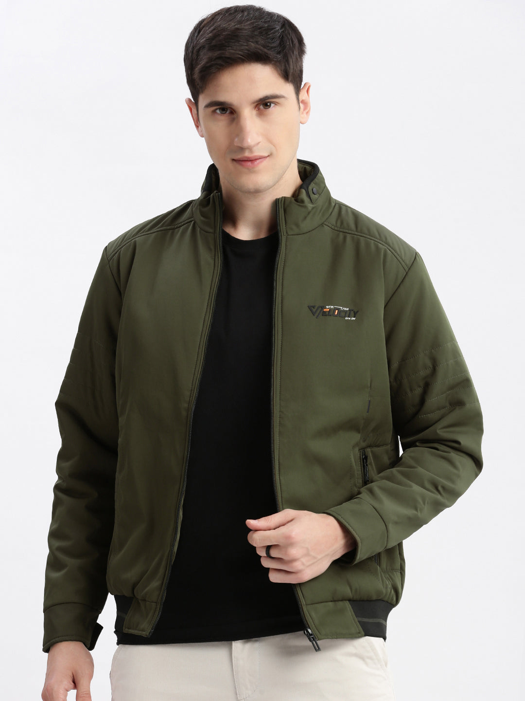 Men Solid Mock Collar Olive Bomber Jacket