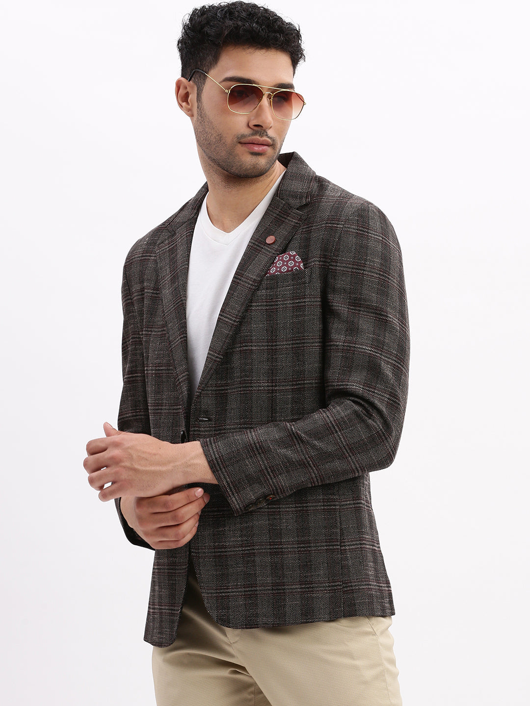 Men Checked Brown Single Breasted Blazer