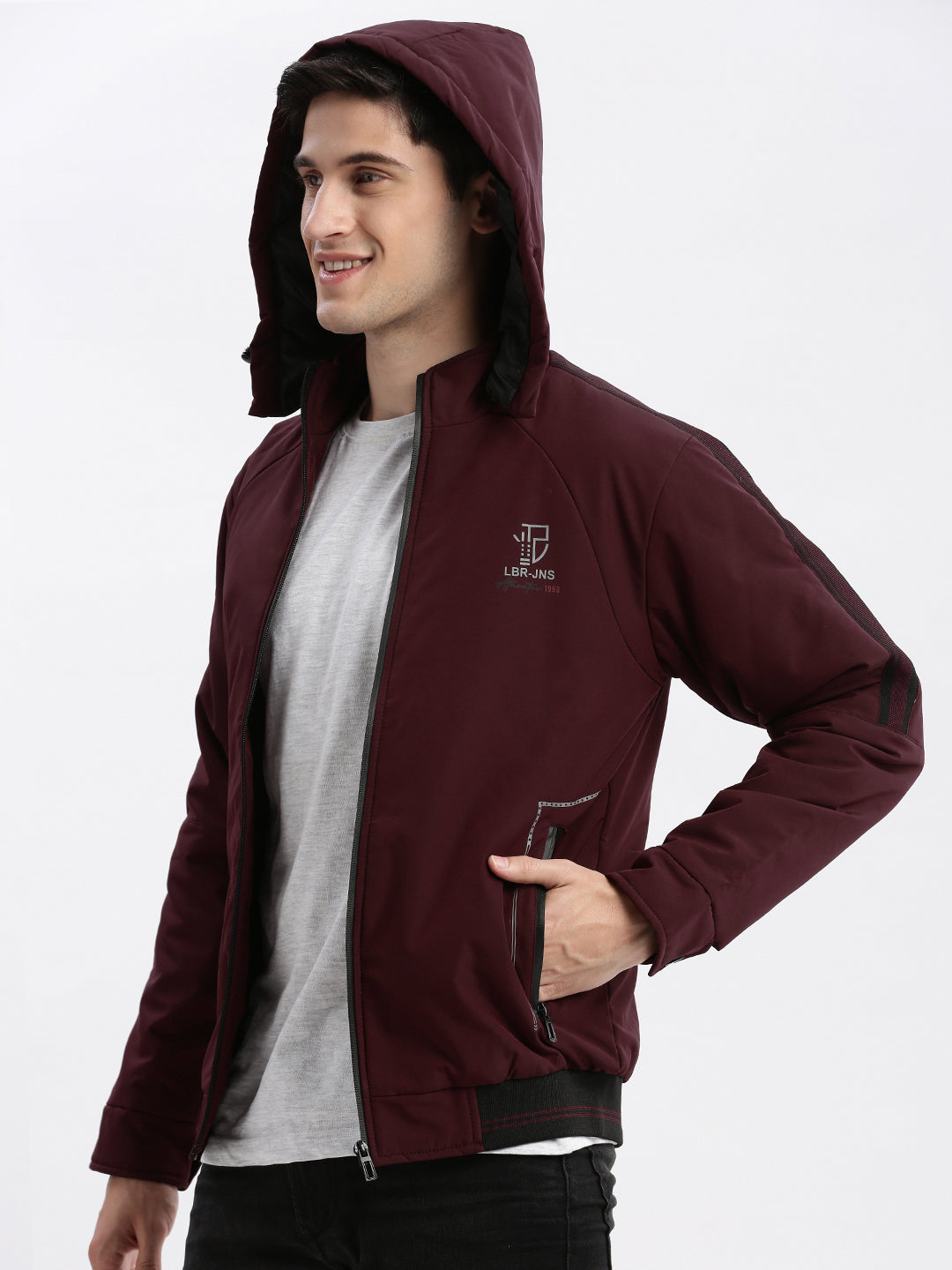 Men Solid Mock Collar Burgundy Bomber Jacket Comes with Detachable Hoodie