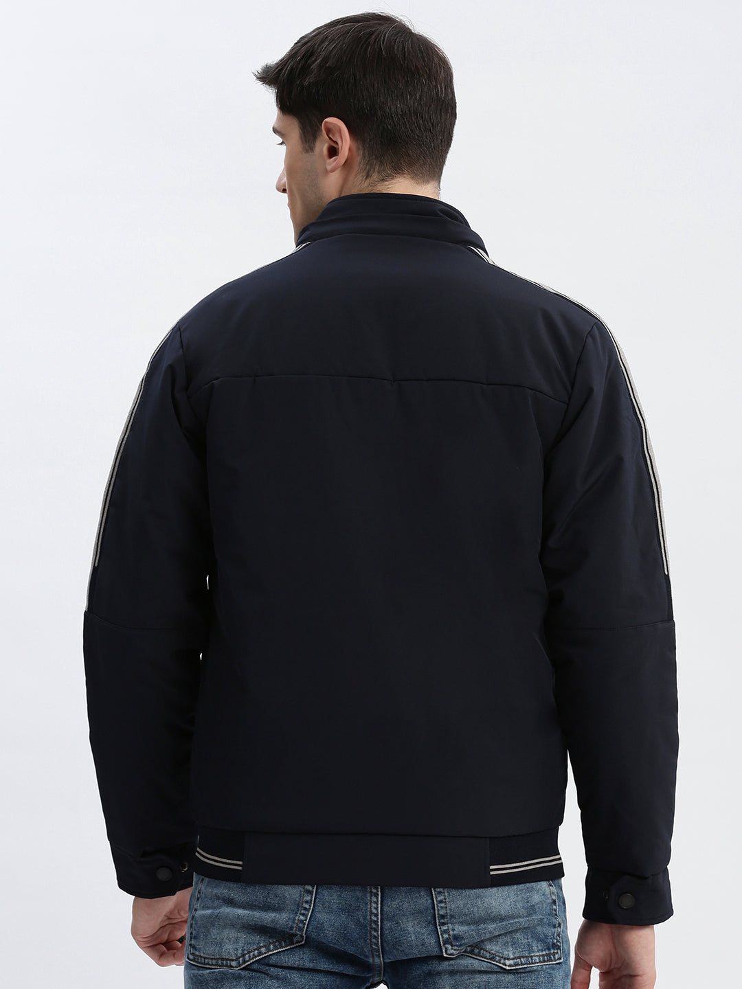 Men Solid Mock Collar Navy Blue Bomber Jacket Comes with Detachable Hoodie