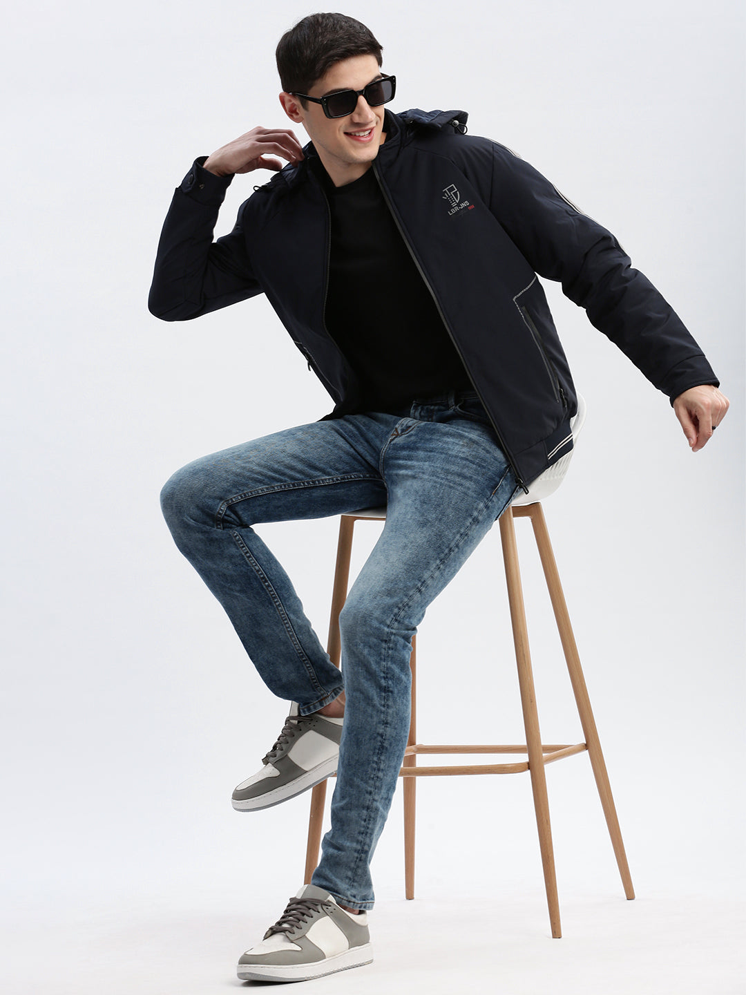 Men Solid Mock Collar Navy Blue Bomber Jacket Comes with Detachable Hoodie