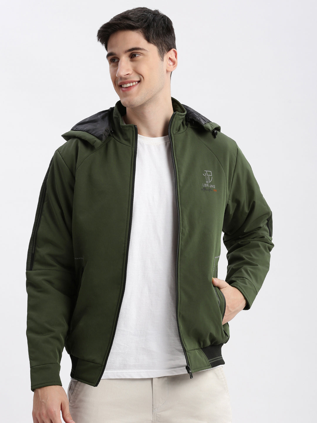 Men Solid Mock Collar Olive Bomber Jacket Comes with Detachable Hoodie